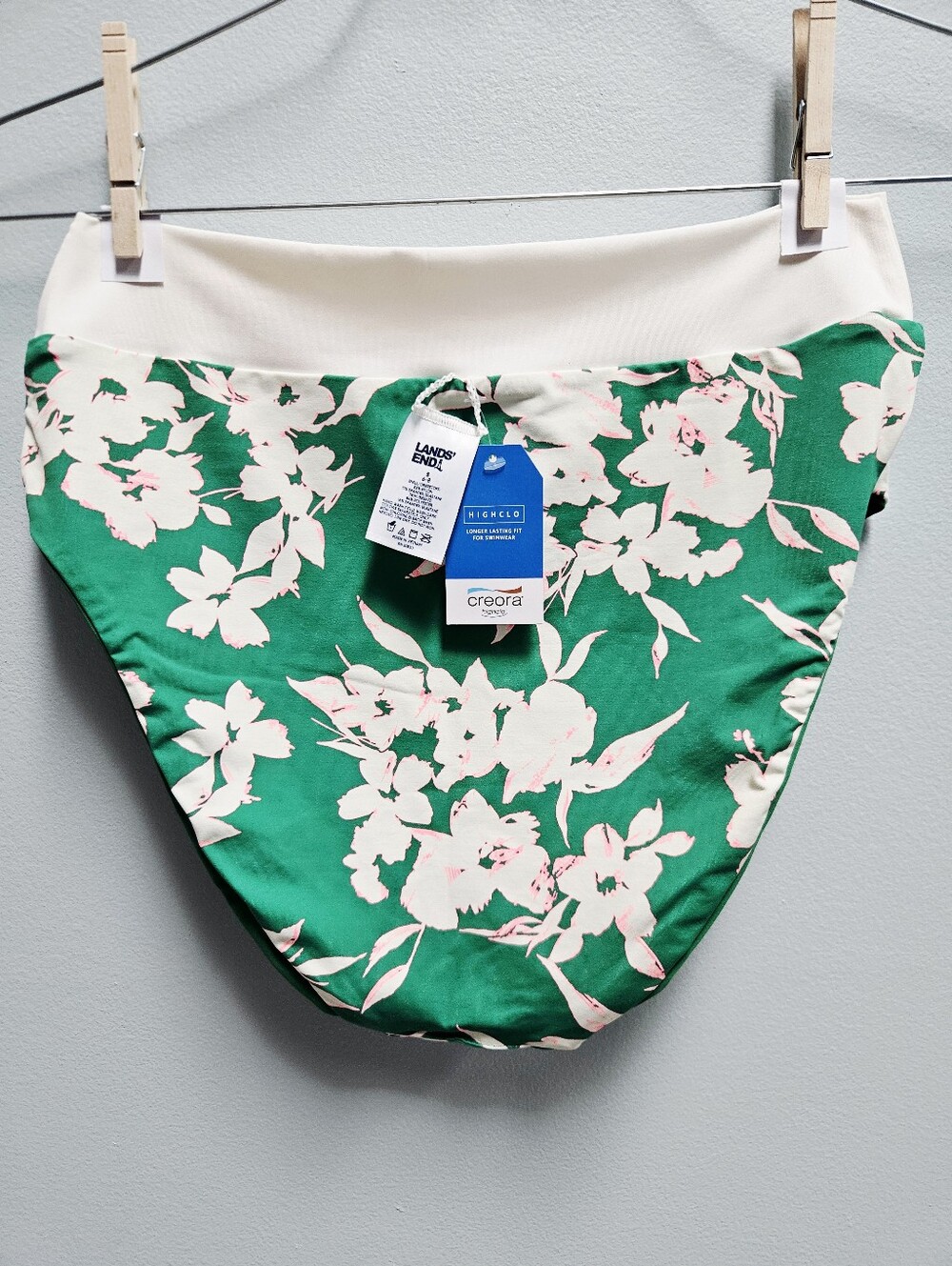 NWT Lands' End Green Floral Swimsuit Bottoms Reversible Solid Green High Waist
